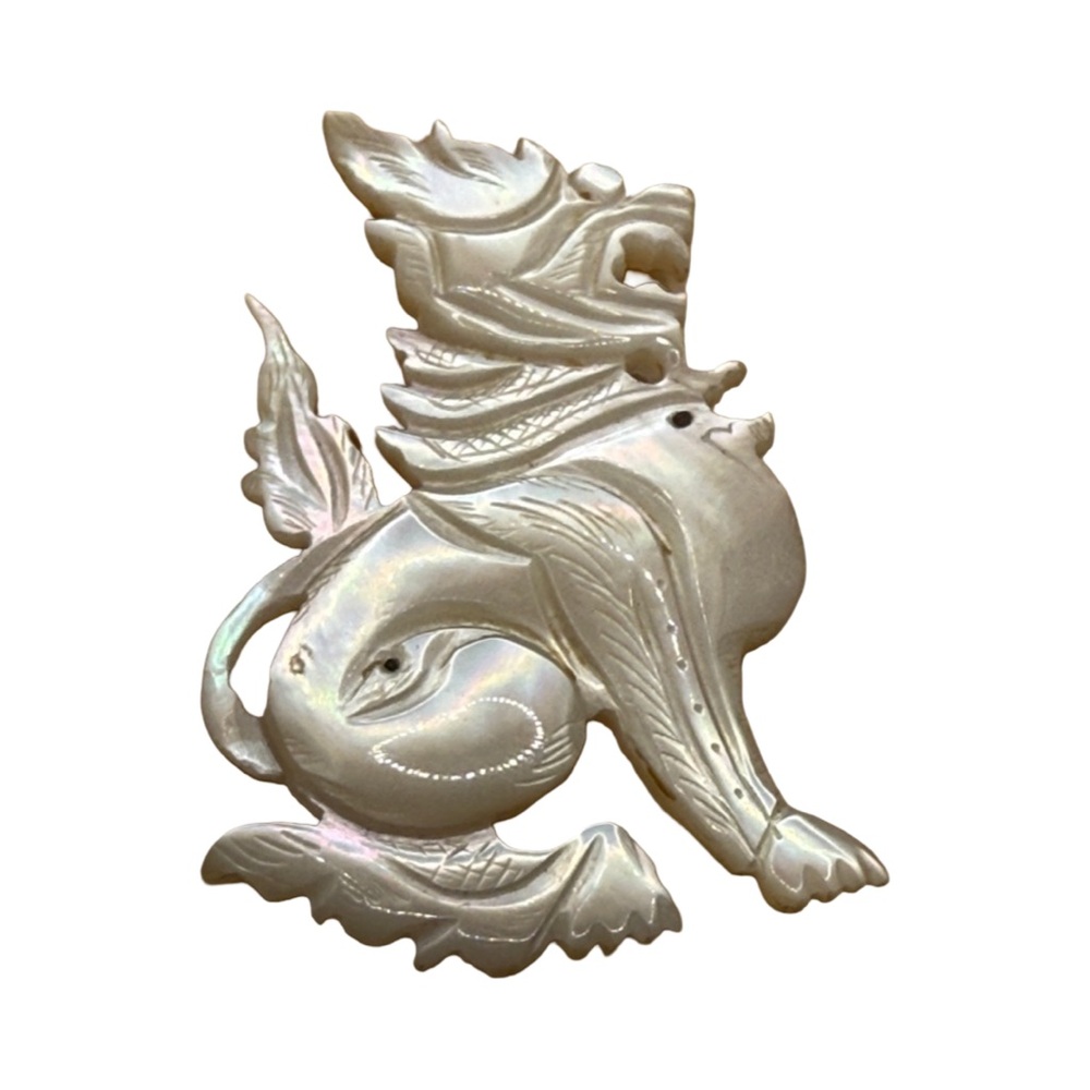 Antique mother of pearl White Mythical Creature foo dog brooch pin Asian art